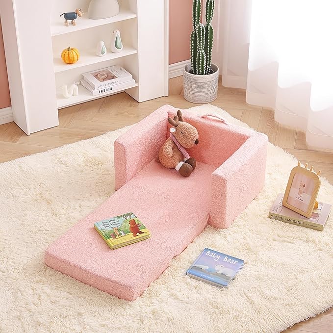 Tiita Kids Chair Couch, Folding Toddler Comfy Sofa Chairs, 2-in-1 Kids Plush Sofa Fold Out, Baby Armrest Chair Sofa to Lounger, Convertible Play Sofas to Bed for Girl or Boy, Pink