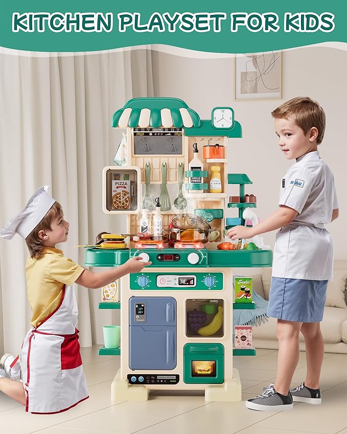 49Pcs Kitchen Playset for Boys & Girls, Kid Play Kitchen with Realistic Lights & Sounds, Spray Sink Toy Kitchen Accessories, Pretend Food Toys Kitchen for Toddlers(Green)