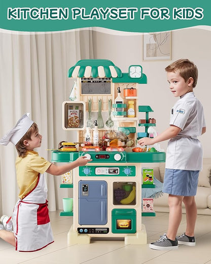 49Pcs Kitchen Playset for Boys & Girls, Kid Play Kitchen with Realistic Lights & Sounds, Spray Sink Toy Kitchen Accessories, Pretend Food Toys Kitchen for Toddlers(Green)