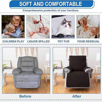 100% Waterproof Recliner Chair Covers That Stay in Place, Non-Slip Recliner Cover with 5 Pockets, Elastic Straps, Washable Reclining Chair Protector for Kids, Pets, Dogs, Chocolate