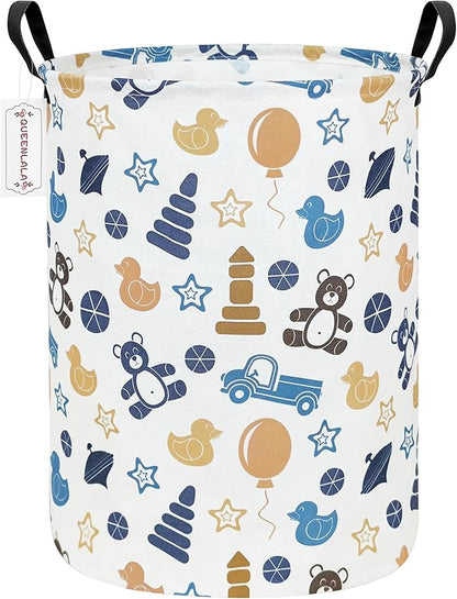 QUEENLALA Large Storage Basket,Laundry Hamper/Bathroom/Home Decor/Collapsible Round Storage Bin,Boys and Girls Hamper/Boxes/Clothing(Round-Colorful Bear)
