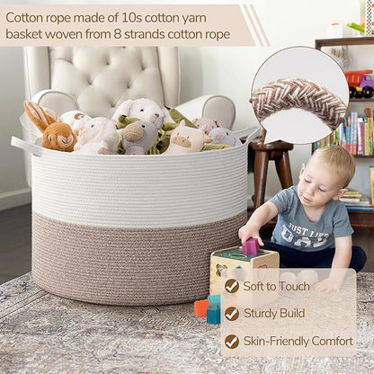INDRESSME 115L Extra Large Blanket Basket, Soft Cotton Rope Storage Basket for Organizing, Home Decor, Toys, Laundry & Towels, Toy Storage Organizer for Living Room & Nursery, White & Brown