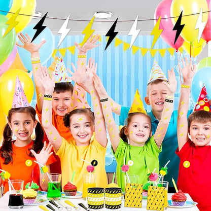 60 PCS Lightning Bolt Party Favors Temporary Tattoos, Silicone Bracelets, Badges, Keychains, Goodie Bags for Flash Lightning Bolt Birthday Decorations, Gifts for Kids