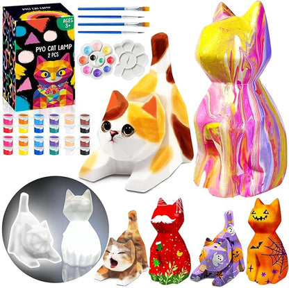 FUNZBO 2Pcs Paint Your Own Cat Lamp Kit - Arts and Crafts for Kids Teens Adults, Art Supplies Painting Kits for Kids, Toys Girls Boy Birthday Gift Ages 3 4 5 6 7 8 9 10 11 12 13+