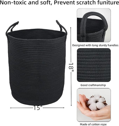 XUANGUO Black Cotton Rope Laundry Basket Hamper for Clothes Woven Storage Basket for Living Room Bedroom Boho Tall Rope Baskets for Blanket Toys Pillow Towels Baby Nursery Hamper Bin Large