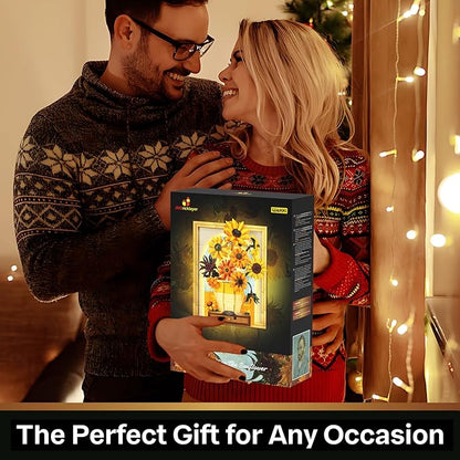 JMBricklayer Flowers Sunflower Building Sets for Adult with Lights 70004, Van Gogh Wall Art Crafts Ideas Flower Bouquet, Painting Frame Room Decor, Valentine’s Day Birthday Gifts for Women Girl