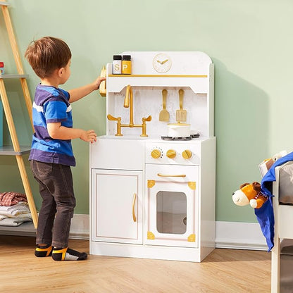Teamson Kids Versailles Petite Classic Kids Wooden Interactive Play Kitchen, White with Faux White Marble and Gold
