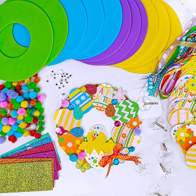 12 Sets Easter Wreath Signs Decorations DIY Foam Easter Craft Kits Easter Eggs Bunny Chick Foam Stickers Pom-Poms Googly Eyes for Kids Classroom Home Activity Art Project Gift Easter Front Door Décor