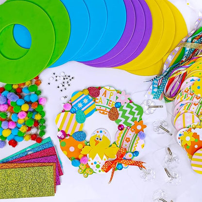 12 Sets Easter Wreath Signs Decorations DIY Foam Easter Craft Kits Easter Eggs Bunny Chick Foam Stickers Pom-Poms Googly Eyes for Kids Classroom Home Activity Art Project Gift Easter Front Door Décor