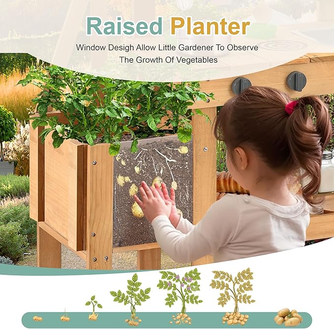 Mud Kitchen for Kids Outdoor, Wood Outdoor Kitchen with Planter Box, Toddler Play Kitchen with Sink, Faucet, Blackboard, Water Cup and Kitchen Accessories for Kids