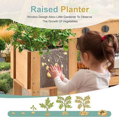 Mud Kitchen for Kids Outdoor, Wood Outdoor Kitchen with Planter Box, Toddler Play Kitchen with Sink, Faucet, Blackboard, Water Cup and Kitchen Accessories for Kids