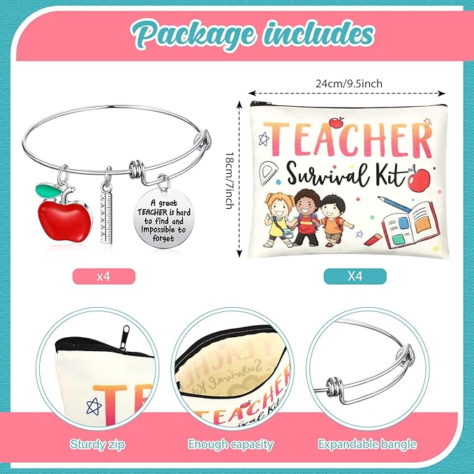 8 Pcs Teacher Appreciation Gift Set for Women, 4 Teacher Makeup Pouch Cosmetic Bags and 4 Bangle Bracelets, Christmas Valentines Thank You Gifts for Teacher (Cute Style)