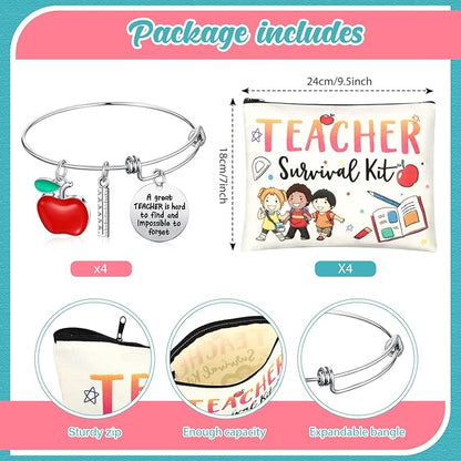 8 Pcs Teacher Appreciation Gift Set for Women, 4 Teacher Makeup Pouch Cosmetic Bags and 4 Bangle Bracelets, Christmas Valentines Thank You Gifts for Teacher (Cute Style)