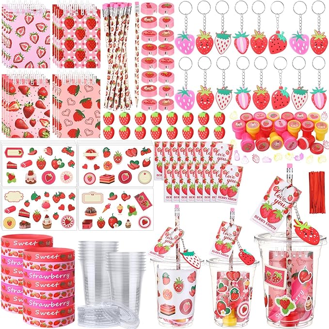 Colarr 161 Pcs Strawberry Party Favors School Stationery Set Includes Gift Cup Notebook Pencil Sharpener Eraser Keychain Stamp Slap Bracelet Sticker Card Valentine's Day gift for kids Child Supplies