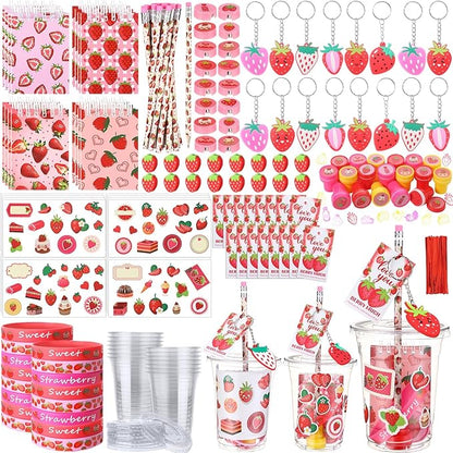 Colarr 161 Pcs Strawberry Party Favors School Stationery Set Includes Gift Cup Notebook Pencil Sharpener Eraser Keychain Stamp Slap Bracelet Sticker Card Valentine's Day gift for kids Child Supplies