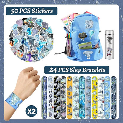 74 PCS Tornado Party Favors, 50 PCS Tornado Stickers 24 PCS Tornado Slap Bracelets Tornado Weather Birthday Party Decorations Supplies for Kids Boys Girls Classroom Rewards
