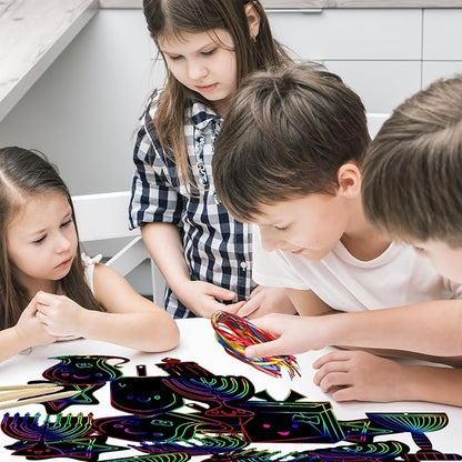 Qilery 64 Pcs Chanukah DIY Scratch Cards Set Hanukkah Party Supplies Favor Rainbow Color with Wooden Styluses Hanukkah Craft Kit for Kid Birthday DIY Art Hanukkah Themed Party Classroom Decor