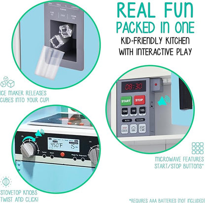 Lil’ Jumbl Kids Blue Kitchen Set, Pretend Wooden Play Kitchen, Battery Operated Icemaker, Microwave, Range Hood, Stove Top, Oven, with Realistic Sound & Lights, Pots, Pan, & Utensils Included