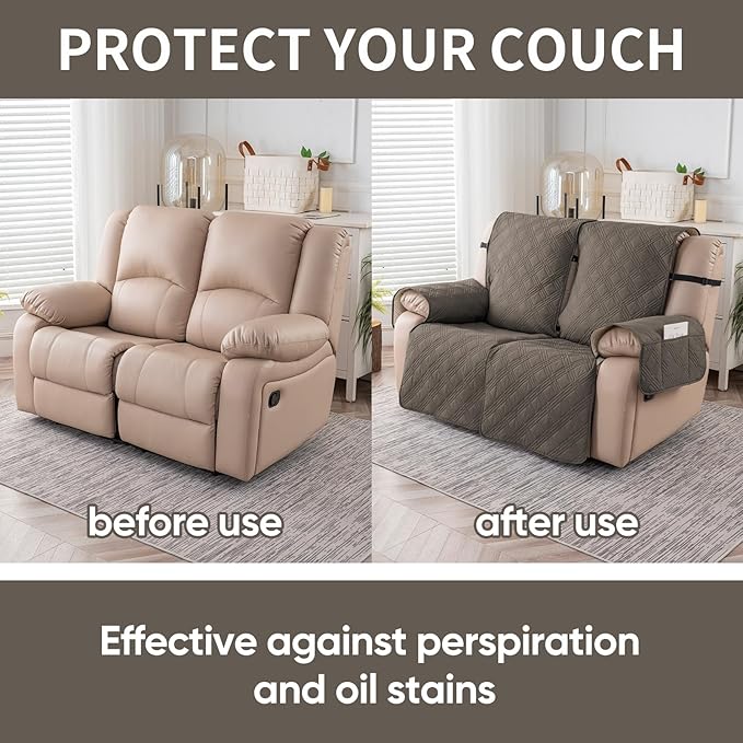 Easehomey Waterproof Loveseat Recliner Cover,Non Slip Reclining Couch Covers for 2 Seat,Dog Chair Cover Furniture Protector Washable Chair Cover with Pocket for Kids,Pets,Dogs(Taupe,2Seat)