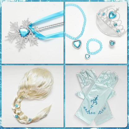 Els-a Princess Dress Costume Girls - 47.24 Inch Froze Cute Blue Princess Skirt Wig Set Role Play for Valentine's Day Birthday Party Gifts for Girls(120cm)