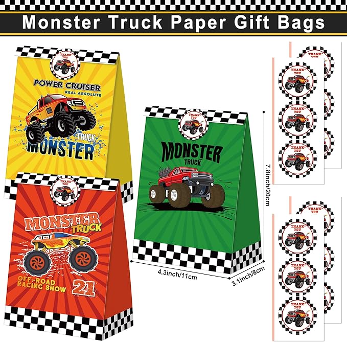 Monster Truck Party Favors Set 72 PCS Truck Theme Slap Bracelets Keychains Tattoo Stickers DIY Stickers Drinking Straws Party Gift Bags for Kids Boys Birthday Party Supplies