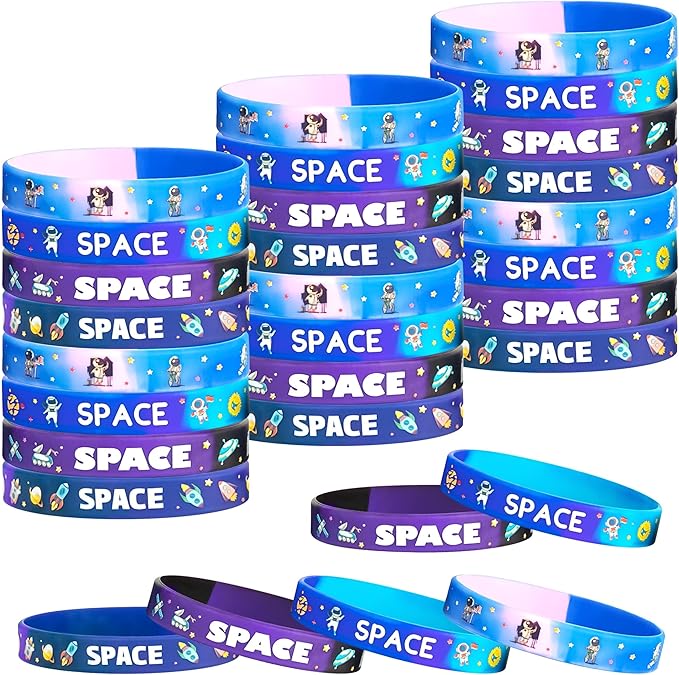 Lesnala 48PCS Outer Space Party Silicone Bracelets Astronaut Rubber Wristband Bulk Galaxy Stars Themed Party Favors for Planet Universe Birthday Decorations Supplies 4 Styles