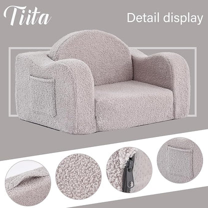 Tiita Kids Sofa, 2-in-1 Kids Sofa Chair, Convertible Chirldren Couch to Lounger, Flip Out Kids Sofa Chair, Toddler Armrest Chair Bed, Folding Kids Play Sofa for Girl or Boy, Grey