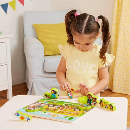 B. toys- Peek & Explore 5-Pack: Bus, Farm, Sea, Space, Dino- Chunky Puzzle 5-Pack – Wooden Puzzles– 8 Pieces Each – 2 Years +