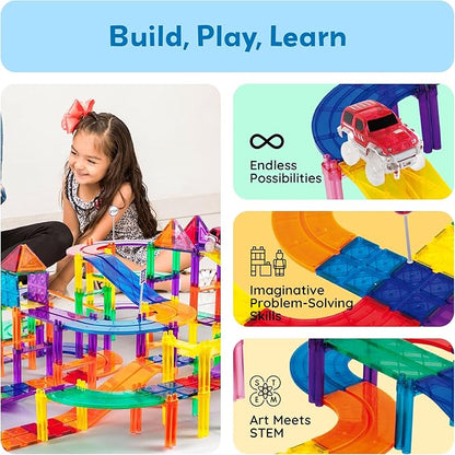 PicassoTiles 128 Piece Race Car Track Building Block Educational Toy Set Magnetic Tiles Magnet Playset 3 LED Car STEM Learning Construction Kit Hand-Eye Fine Motor Skill Training Brain Development