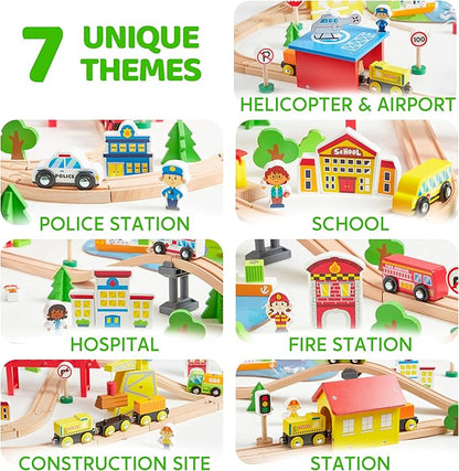 110PCS Wooden Train Set - Urban Journey, City Scene Railway Set with Magnetic Trains, Cars, Helicopter & Ship, Perfect Christmas Birthday Toy Gift for Kids Toddlers Boys Girls Ages 3-8