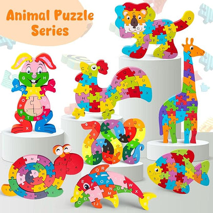 LOVESTOWN Alphabet Jigsaw Puzzle, Building Blocks Animal Wooden Puzzle, Wooden Snake Letters Numbers Block Toys for Kids Birthday Gifts