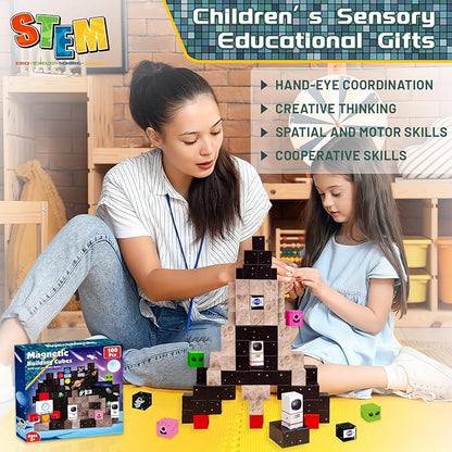 Goody King 100PCS Space Rocket Magnetic Building Blocks |Space Adventure Magnetic Tile Set, STEM Montessori Stacking Toy, Building Playsets for Boys and Girls Ages 3-10,Sensory Tile Building Christmas