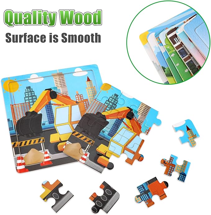 SANNIX 12 Pack Wooden Jigsaw Puzzles for Toddlers 3 4 5 Years Old, Party Favors Animals Jigsaw for Kids, Transportation Educational Puzzles Travel Toy with 12 Organize Bags