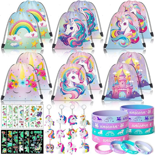 12 Sets Unicorn Party Favors Birthday Supplies for Girls Kids, Drawstring Bag Silicone Bracelet Tattoo Sticker Keychain Unicorn Pinata Filler Goodie Bag Stuffers Unicorn Birthday Party Supplies