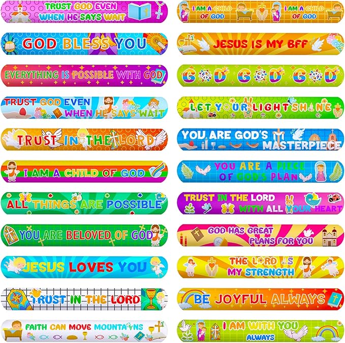 MCPINKY 64PCS Christian Slap Bracelets, Bible Verses Religious Slap Bracelets Snap Wristbands for Kids Sunday School Gifts Classroom Prizes