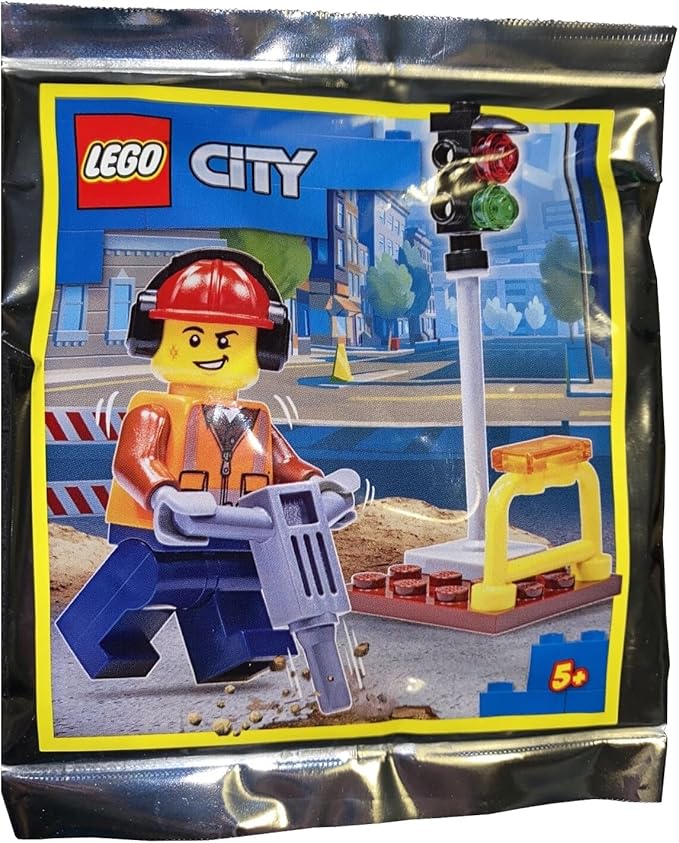 LEGO City Minifigure - Construction Worker/Builder ‍with (Traffic Light and Jackhammer) Foil Pack