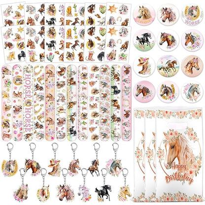 60 PCS Horse Cowgirl Party Favors, Horse Themed Temporary Tattoos, Slap Bracelets, Keychains, Badges, Gift Bags for Cowgirl Birthday Party Decorations and Classroom Rewards