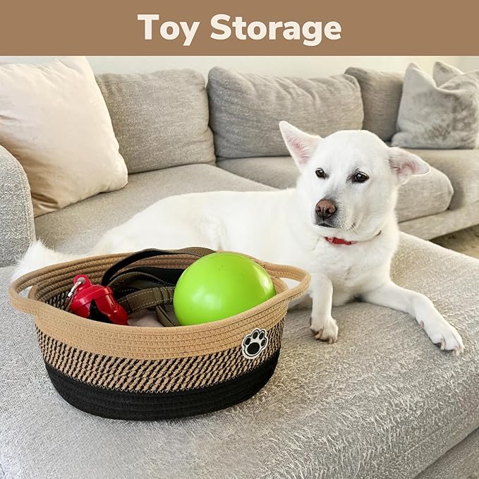 Dog Storage Bin, Baby Basket for Gifting, Wicker Storage Baskets for Dog, Cute Basket with Handles, Small Woven Baskets for Nursery 12"x 8" x 5" Black-Brown