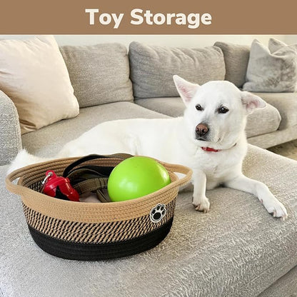 Dog Storage Bin, Baby Basket for Gifting, Wicker Storage Baskets for Dog, Cute Basket with Handles, Small Woven Baskets for Nursery 12"x 8" x 5" Black-Brown