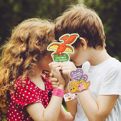 Mibor Valentines Day Cards for Kids - 30 Pcs Dinosaur Gift Cards + 30 Pack Slap Bracelets for Valentines Party Favors, Valentines Day Cards for Kids Party Decorations, Valentines Gift Snap Bracelets