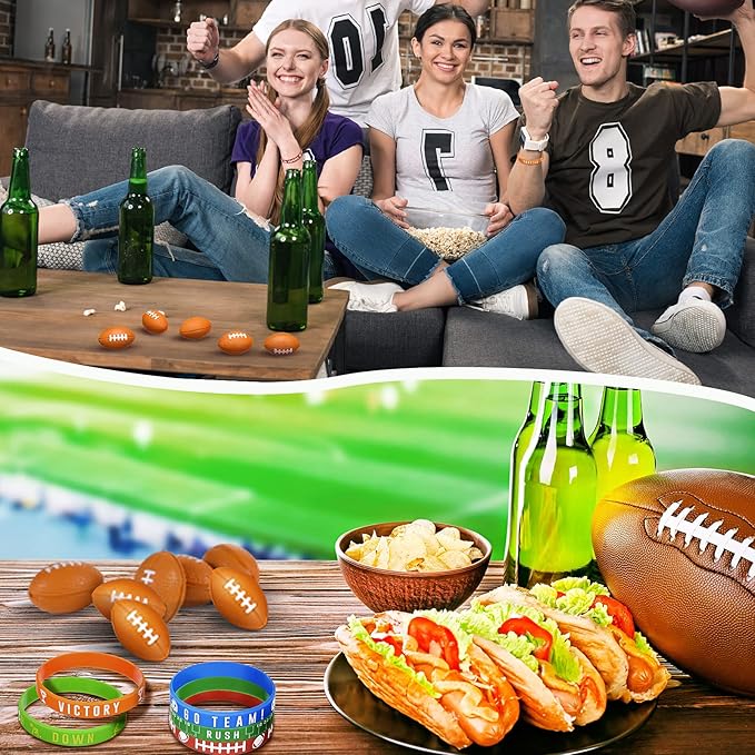 Sumind 48 Pcs Football Party Favors Include Mini Football Stress Balls and Sports Silicone Charm Bracelets Rugby Silicone Wristbands for Sports Themed Birthday Party Reward