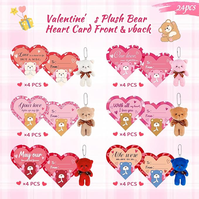Valentines Day Gifts for Kids Classroom Party Favors Valentines Cards with Mini Teddy Bears Plush Toys Stuffed Animals Keychain Valentine Gift Exchange School Game Prize for Boys Girls 24 Pack