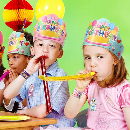 Yunsailing 108 Pcs Happy Birthday Party Supplies for Kids Include 36 Birthday Paper Crowns 36 Birthday Badge Stickers 36 Happy Birthday Slap Bracelets for Classroom School Party Supply(Fresh Color)