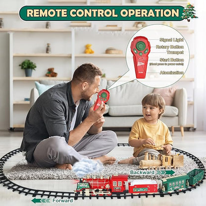 Christmas Train Set - Updated Remote Control Christmas Train Toys w/Smoke, Sounds, Lights, Rechargeable Electric Train for Around Christmas Tree, Train Toys Gifts for 3 4 5 6 7 8+