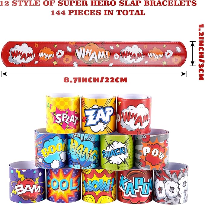 Kolewo4ever 144 Pieces Hero Slap Bracelet Hero Text Wristbands Hero Party Favors Slap Bracelets for Kids Boys Girls Snap Bracelets Hero Party Supplies