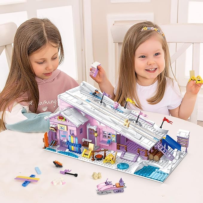 Pink Girls Ski Resort Winter Village House Building Set Compatible with Lego Friends Snow Cabin Collection, Construction Educational Toy for Kids Age 8-12 and Up 1042 PCS