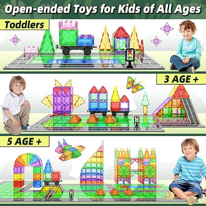 Magnetic Tiles Road Sets with Car Kits -Magnet Building Blocks Montessori Toys for Toddlers | Preschool Educational Sensory Construction Toys for Ages 3 4 5 6 7 Boys and Girls