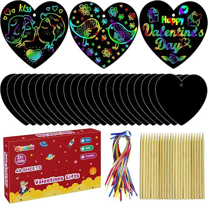 OHOME Valentines Day Crafts for Kids - 48 PCS Valentines Magic Rainbow Scratch Paper Cards Set,Kids Valentines Day Gifts for School Classroom - Valentines Treats Toys Games Party Favors for Toddler