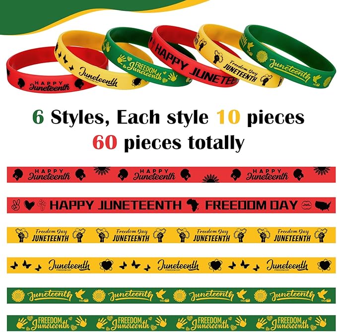 Batiyeer 60 Pcs Juneteenth Rubber Bracelets Black History Month Party Favors Juneteenth Party Supply Decorations Silicone Juneteenth Wristbands for Black Freedom Day June 19th 1865 Goodie Bag Stuffers