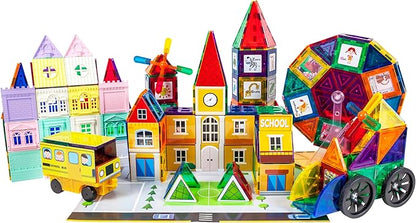 PicassoTiles Master Builder Magnetic Early Educational Toy Building Block Kit with 3 in 1 Playboard for Kid,Baby Ages 3 and Up, STEM Construction with School, Bus, Hospital, Police Station, 300 Piece